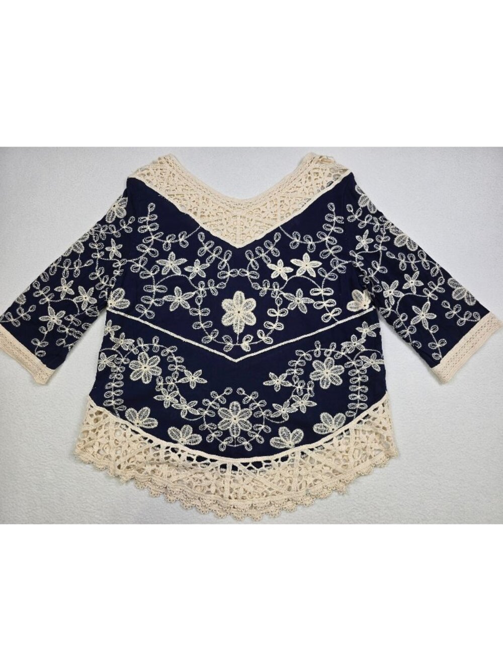 Solitaire Small Peasant Top Boho Navy & Beige Crochet Lace Embroidered Blouse